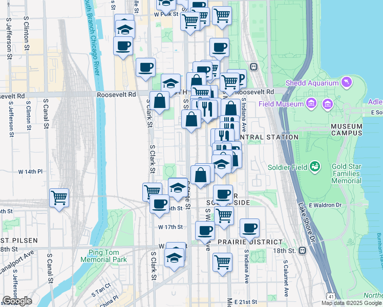 map of restaurants, bars, coffee shops, grocery stores, and more near 1401 South State Street in Chicago