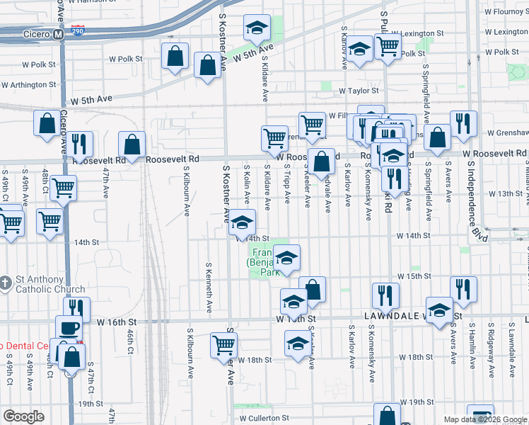map of restaurants, bars, coffee shops, grocery stores, and more near 1318 South Kildare Avenue in Chicago
