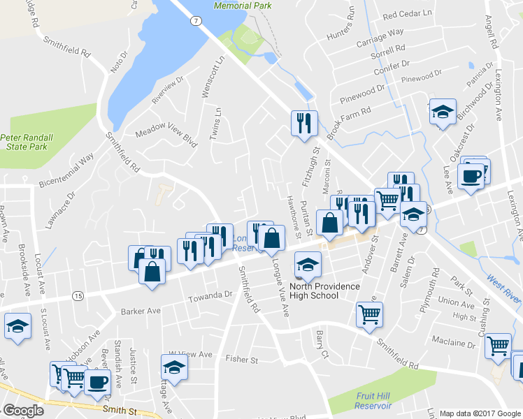 map of restaurants, bars, coffee shops, grocery stores, and more near 111 Forestwood Drive in North Providence