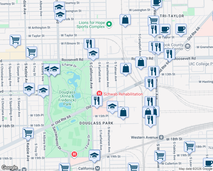 map of restaurants, bars, coffee shops, grocery stores, and more near 1338 South Washtenaw Avenue in Chicago