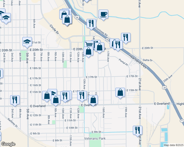 map of restaurants, bars, coffee shops, grocery stores, and more near 1717 15th Avenue in Scottsbluff