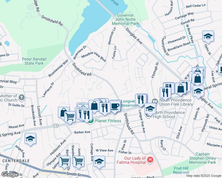 map of restaurants, bars, coffee shops, grocery stores, and more near 553 Smithfield Road in North Providence