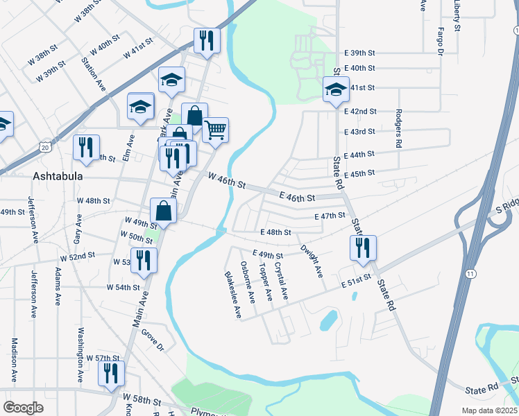 map of restaurants, bars, coffee shops, grocery stores, and more near 4712 Valleyview Boulevard in Ashtabula