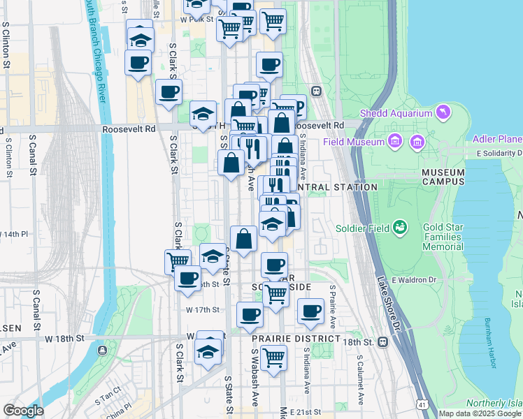 map of restaurants, bars, coffee shops, grocery stores, and more near 1421 South Wabash Avenue in Chicago