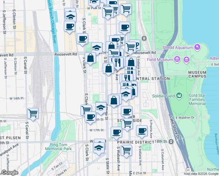 map of restaurants, bars, coffee shops, grocery stores, and more near 1401 South State Street in Chicago