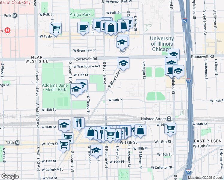 map of restaurants, bars, coffee shops, grocery stores, and more near 1369 South Blue Island Avenue in Chicago