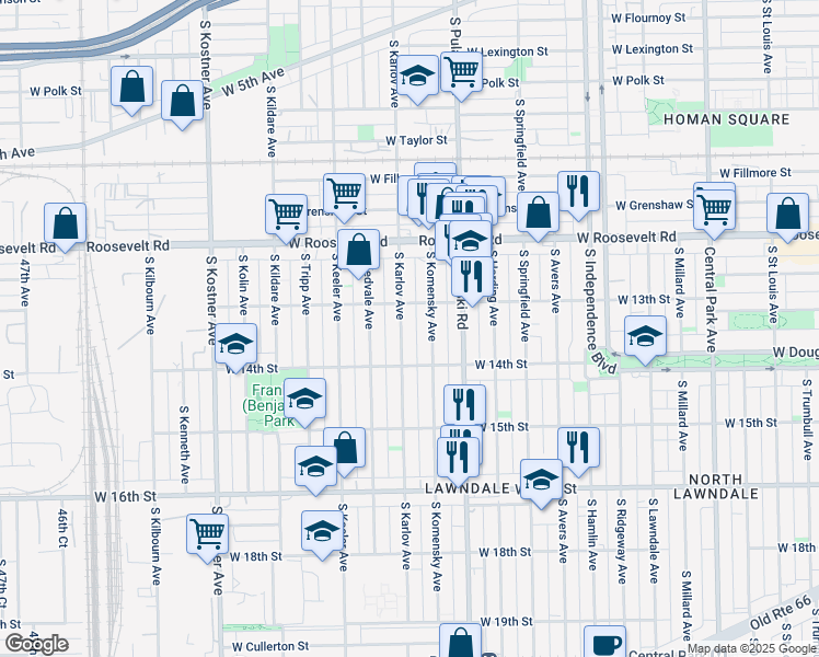 map of restaurants, bars, coffee shops, grocery stores, and more near 1322 South Karlov Avenue in Chicago
