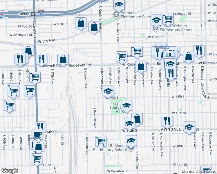map of restaurants, bars, coffee shops, grocery stores, and more near 1321 South Kolin Avenue in Chicago