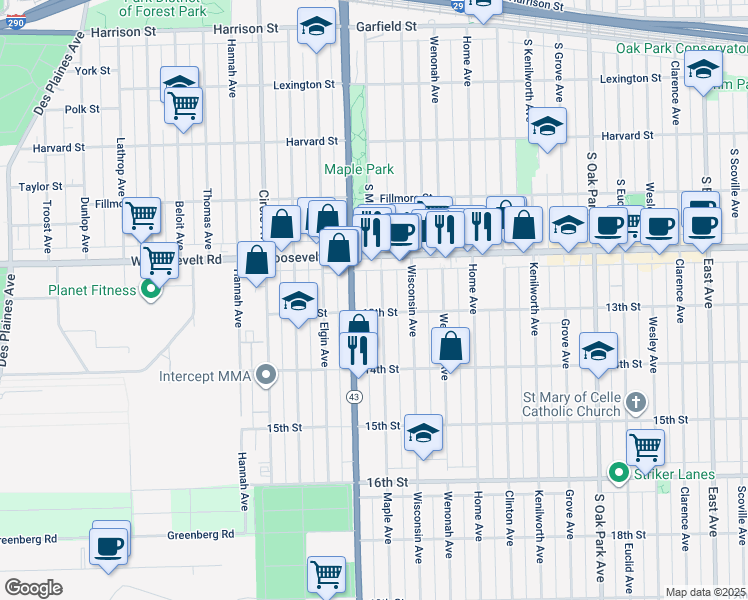 map of restaurants, bars, coffee shops, grocery stores, and more near 1241 Maple Avenue in Berwyn