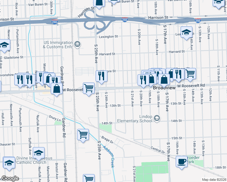 map of restaurants, bars, coffee shops, grocery stores, and more near 2312 Roosevelt Road in Broadview