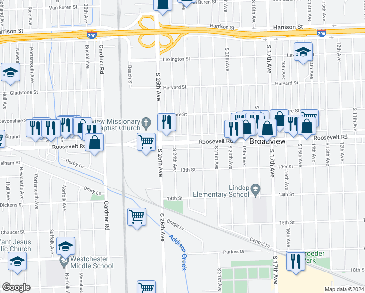 map of restaurants, bars, coffee shops, grocery stores, and more near 2312 Roosevelt Road in Broadview