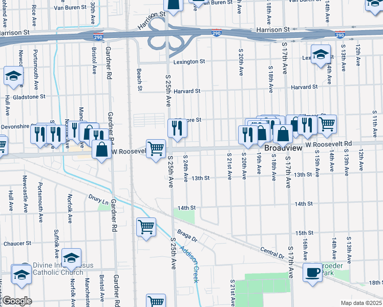 map of restaurants, bars, coffee shops, grocery stores, and more near 2312 Roosevelt Road in Broadview