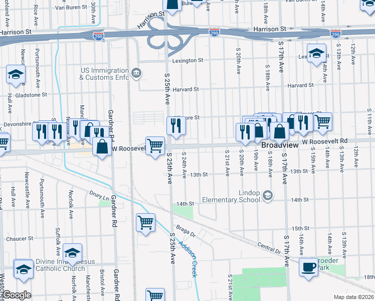map of restaurants, bars, coffee shops, grocery stores, and more near 2312 Roosevelt Road in Broadview