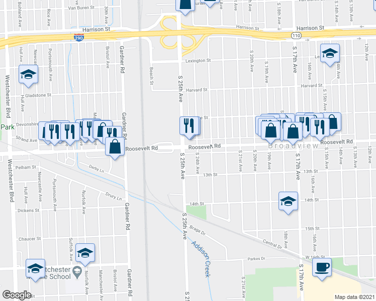 map of restaurants, bars, coffee shops, grocery stores, and more near in Broadview