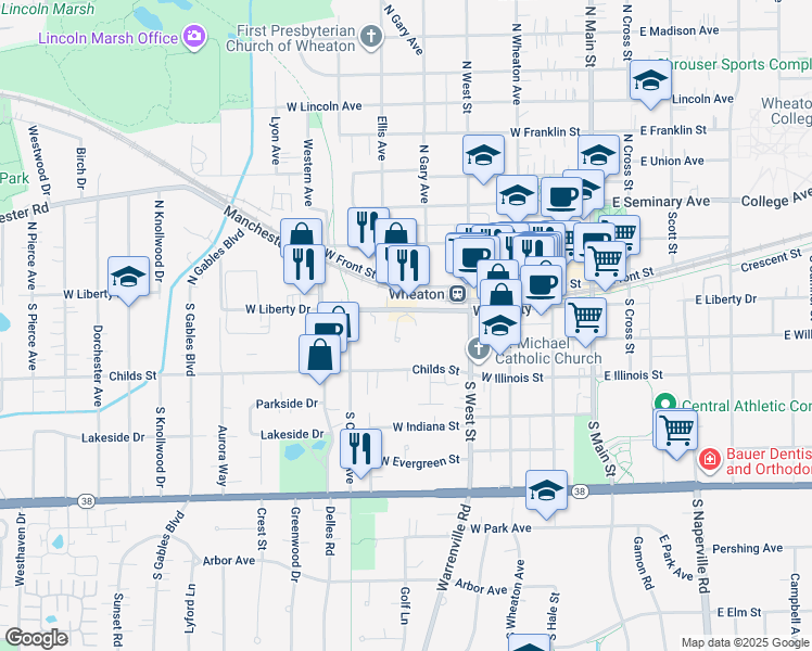 map of restaurants, bars, coffee shops, grocery stores, and more near 2 Wheaton Center in Wheaton