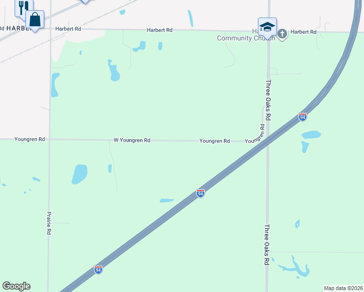 map of restaurants, bars, coffee shops, grocery stores, and more near 6900 Youngren Road in Three Oaks