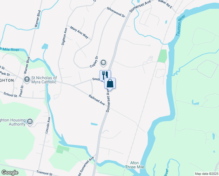map of restaurants, bars, coffee shops, grocery stores, and more near 1432 Somerset Avenue in Taunton