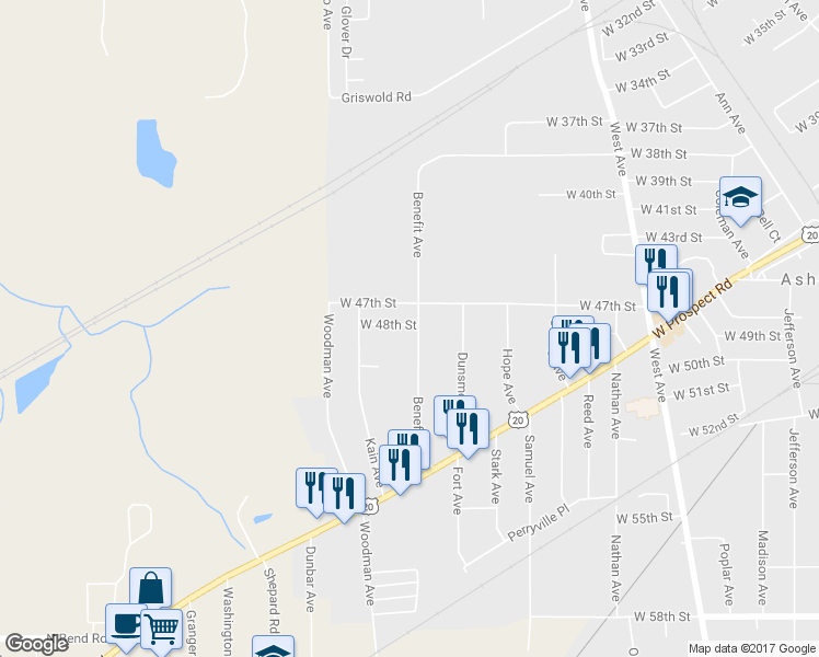 map of restaurants, bars, coffee shops, grocery stores, and more near 4805 Benefit Avenue in Ashtabula