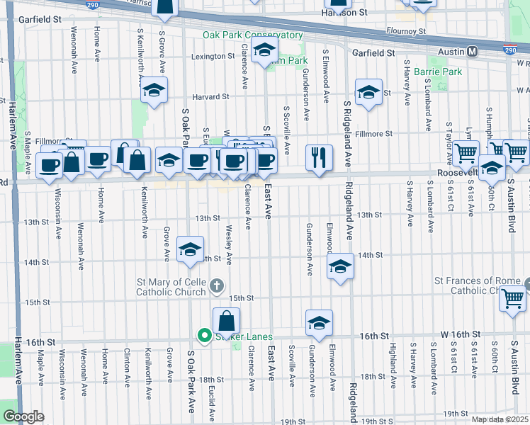 map of restaurants, bars, coffee shops, grocery stores, and more near 1244 East Avenue in Berwyn