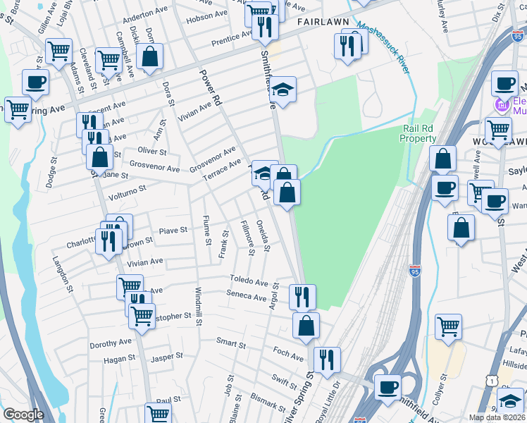 map of restaurants, bars, coffee shops, grocery stores, and more near 124 Power Road in Pawtucket