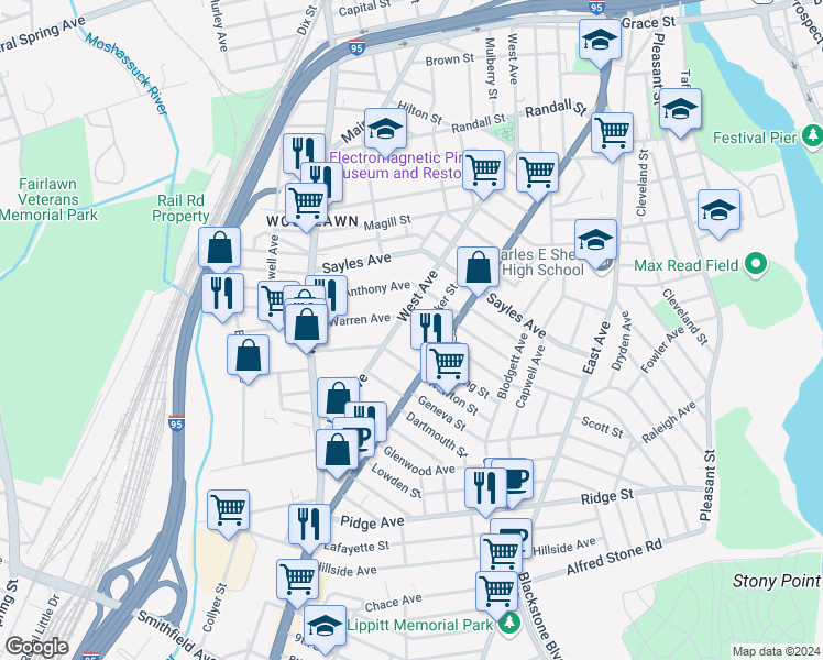 map of restaurants, bars, coffee shops, grocery stores, and more near 28 Warren Avenue in Pawtucket