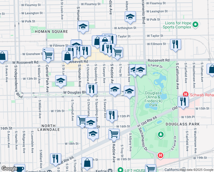 map of restaurants, bars, coffee shops, grocery stores, and more near 1329 South Sawyer Avenue in Chicago
