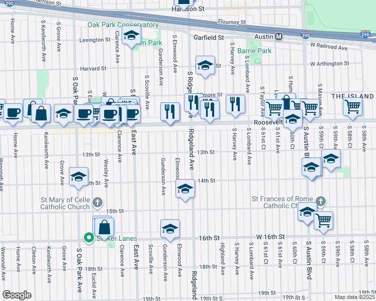 map of restaurants, bars, coffee shops, grocery stores, and more near 1244 Ridgeland Avenue in Berwyn