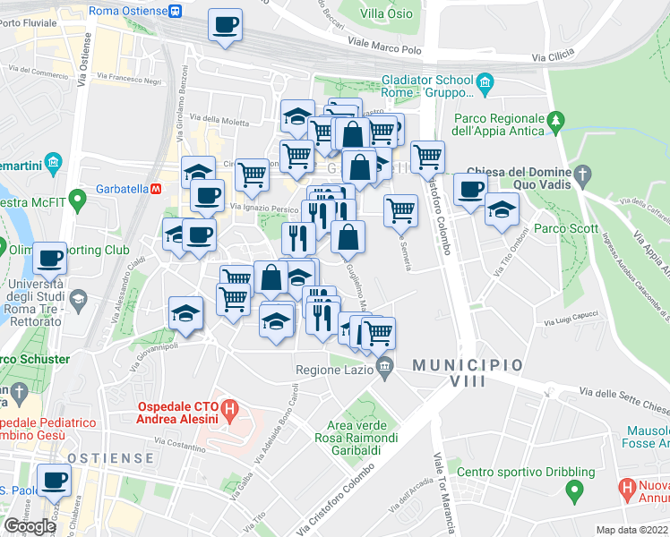map of restaurants, bars, coffee shops, grocery stores, and more near 2 Via Giovanni da Capistrano in Roma