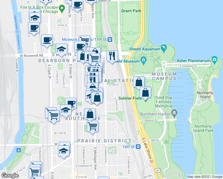 map of restaurants, bars, coffee shops, grocery stores, and more near 1414 South Prairie Avenue in Chicago