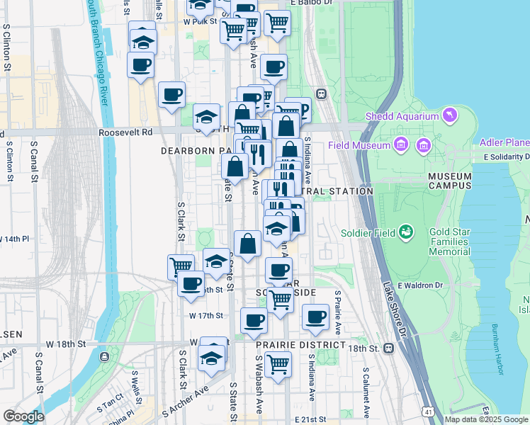 map of restaurants, bars, coffee shops, grocery stores, and more near 1421 South Wabash Avenue in Chicago