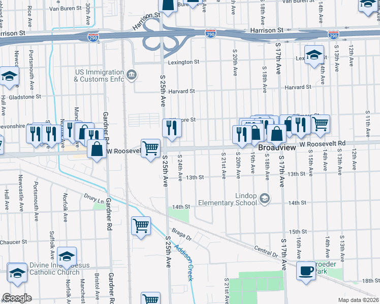map of restaurants, bars, coffee shops, grocery stores, and more near 2308 Roosevelt Road in Broadview