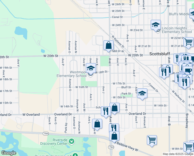 map of restaurants, bars, coffee shops, grocery stores, and more near 1722 Avenue K in Scottsbluff