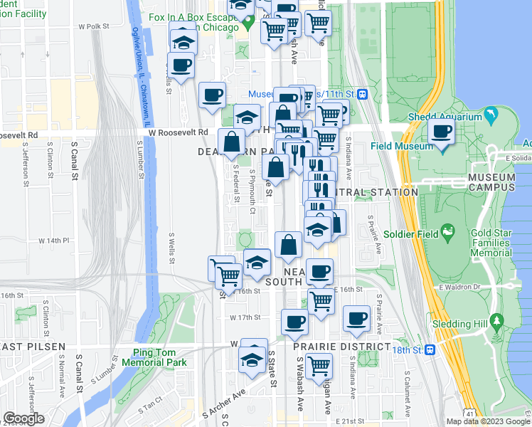 map of restaurants, bars, coffee shops, grocery stores, and more near 1410 South State Street in Chicago