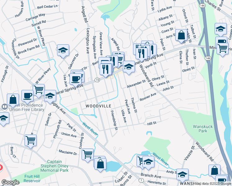 map of restaurants, bars, coffee shops, grocery stores, and more near 95 Alexander Street in North Providence