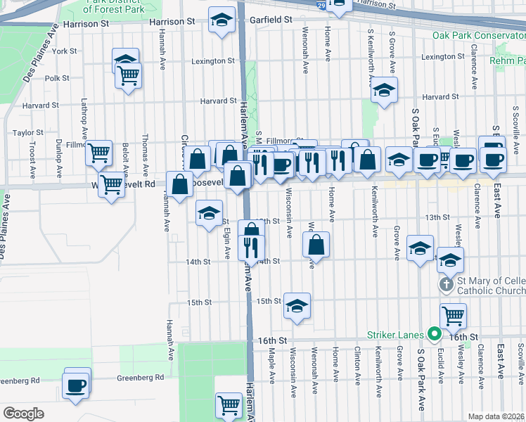 map of restaurants, bars, coffee shops, grocery stores, and more near 1241 Maple Avenue in Berwyn