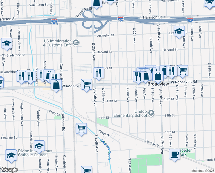 map of restaurants, bars, coffee shops, grocery stores, and more near 2312 West Roosevelt Road in Broadview