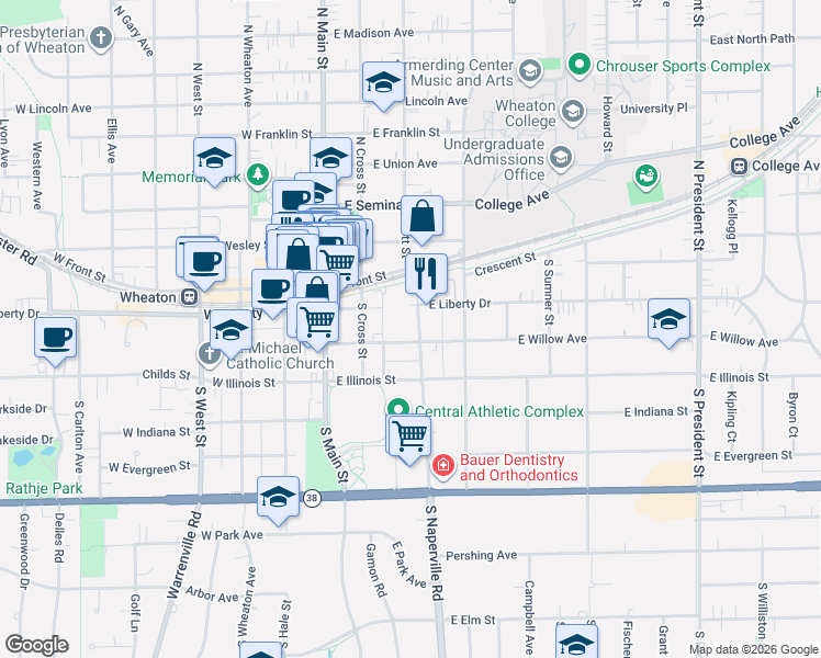 map of restaurants, bars, coffee shops, grocery stores, and more near 250 South Naperville Road in Wheaton