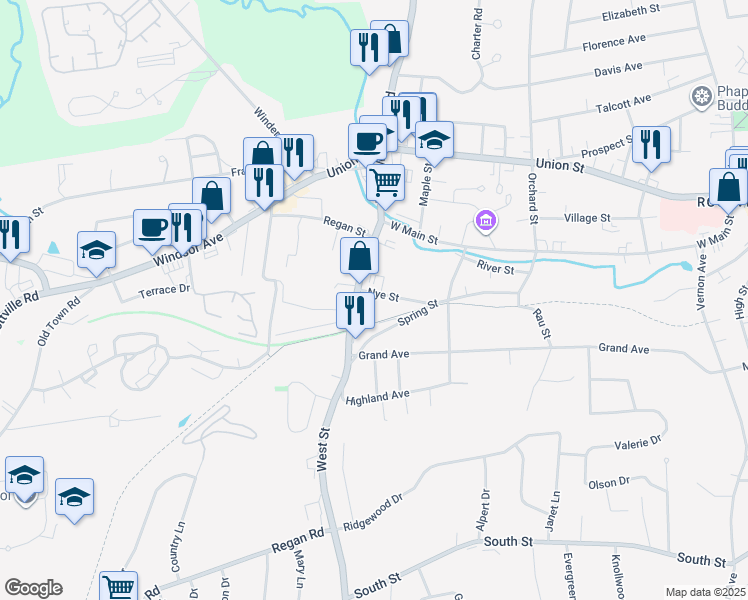 map of restaurants, bars, coffee shops, grocery stores, and more near 27 Nye Street in Vernon