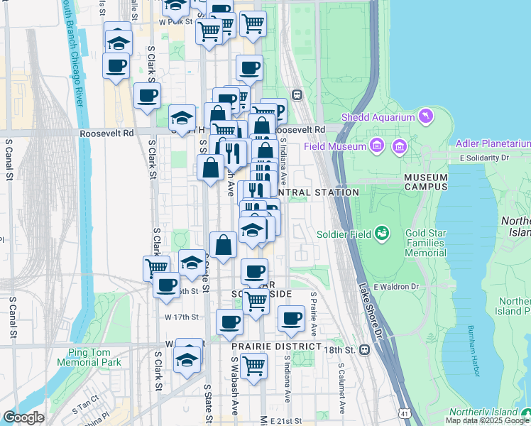 map of restaurants, bars, coffee shops, grocery stores, and more near 1407 South Michigan Avenue in Chicago