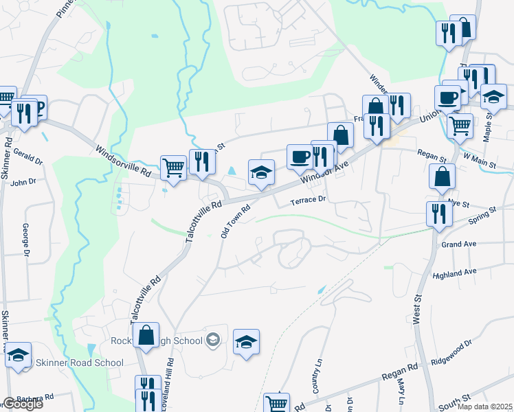 map of restaurants, bars, coffee shops, grocery stores, and more near 142 Old Town Road in Vernon