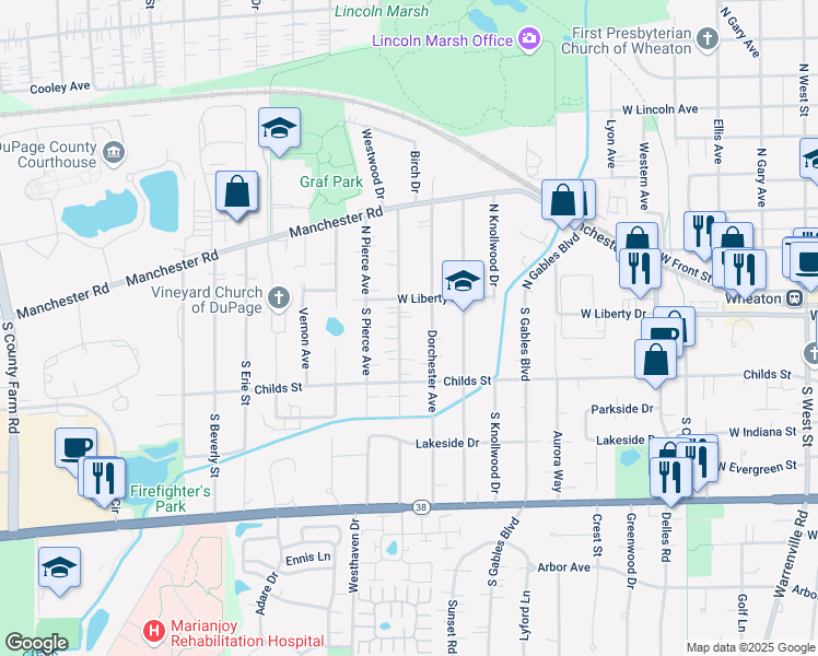map of restaurants, bars, coffee shops, grocery stores, and more near 206 South Dorchester Avenue in Wheaton