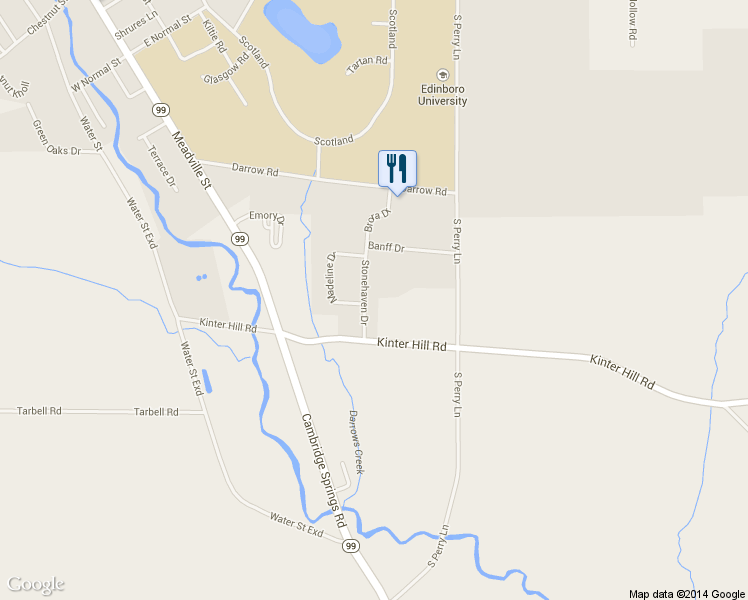map of restaurants, bars, coffee shops, grocery stores, and more near 213 Stonehaven Dr in Edinboro