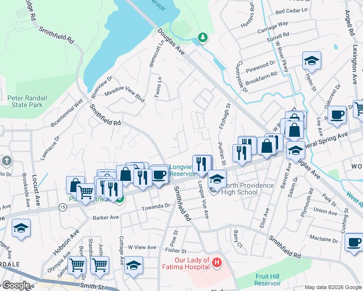 map of restaurants, bars, coffee shops, grocery stores, and more near 147 Oak Park Drive in North Providence