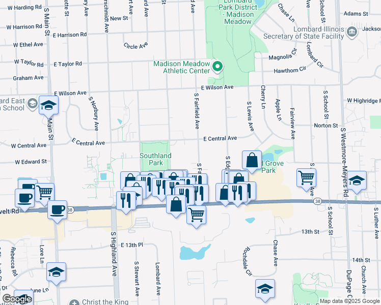 map of restaurants, bars, coffee shops, grocery stores, and more near 1129 South Grace Street in Lombard
