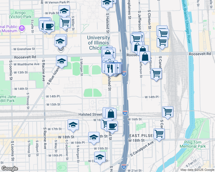 map of restaurants, bars, coffee shops, grocery stores, and more near 802 West University Lane in Chicago