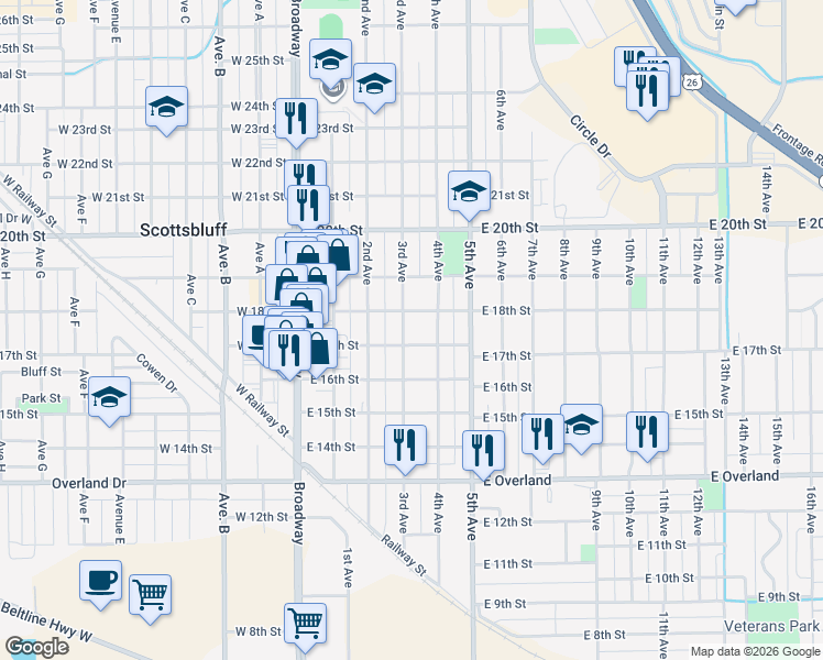 map of restaurants, bars, coffee shops, grocery stores, and more near 1706 3rd Avenue in Scottsbluff