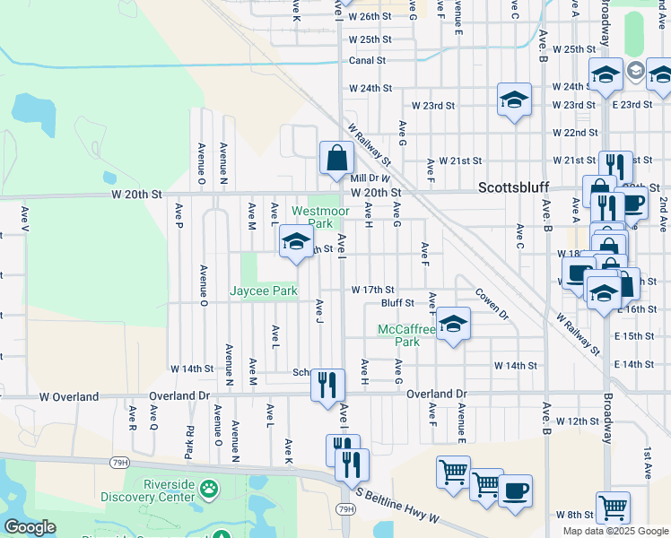 map of restaurants, bars, coffee shops, grocery stores, and more near 1706-1710 Avenue I in Scottsbluff