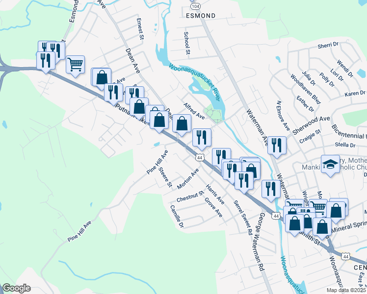 map of restaurants, bars, coffee shops, grocery stores, and more near 114 Serrel Sweet Road in Johnston