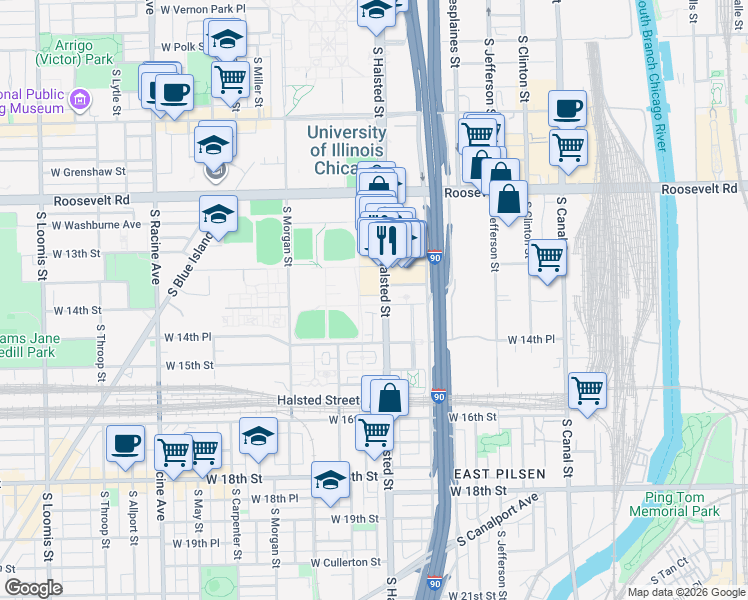 map of restaurants, bars, coffee shops, grocery stores, and more near 828 West 14th Place in Chicago