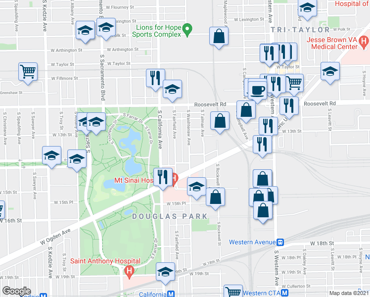 map of restaurants, bars, coffee shops, grocery stores, and more near 1339 South Washtenaw Avenue in Chicago